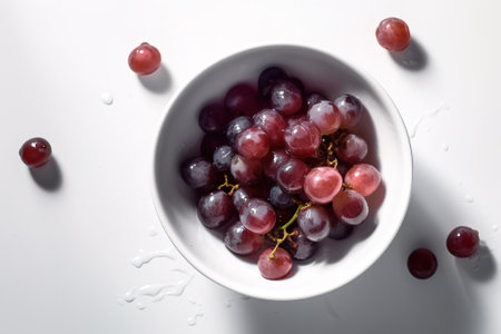 Bowl of red grapes on a white background. Flat lay, top viewの素材