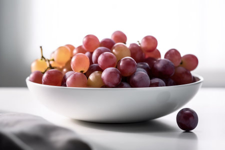 Bowl of fresh ripe grapes on white table, closeup viewの素材