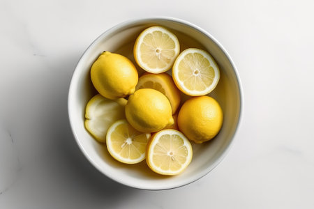 Lemons in a bowl on a white marble background, top viewの素材