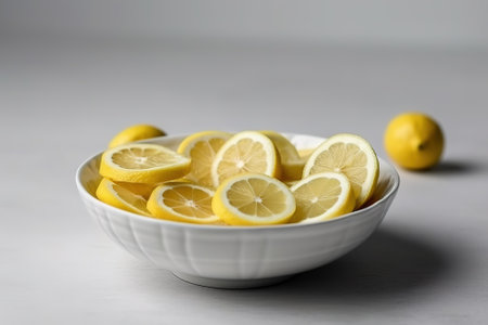 Slices of lemon in a bowl on a gray background.の素材