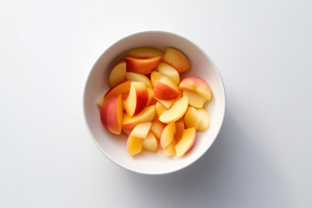 Peach in a bowl on a white background. Top view.の素材