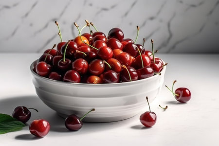 Ripe red cherries in a bowl on a white table.の素材