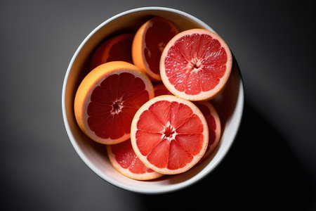 Orange and grapefruit slices in a bowl on a black background.の素材