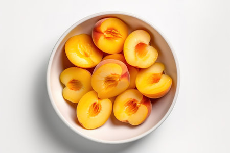 Peaches in bowl on white background, top view. Healthy foodの素材