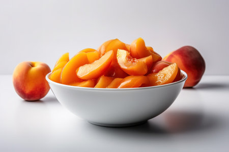 bowl of fresh peaches on a white background, close-upの素材