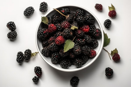 Blackberries and raspberries in a bowl on a white backgroundの素材