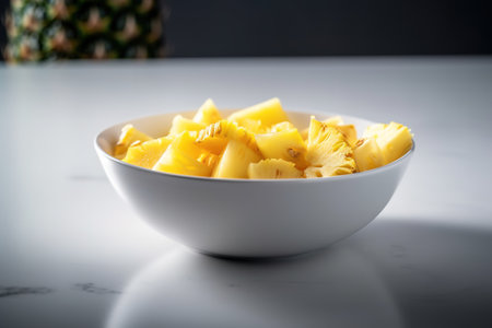 Pineapple slices in a bowl on a white table, selective focusの素材