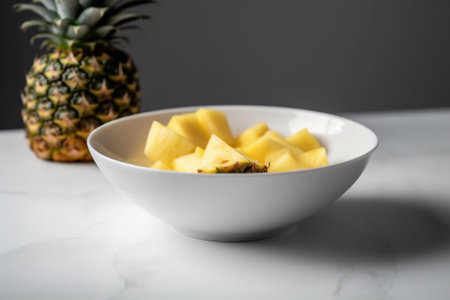 Sliced pineapple in white bowl on white marble table with black backgroundの素材