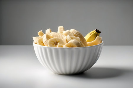 Banana slices in a bowl on a gray background. Selective focus.の素材
