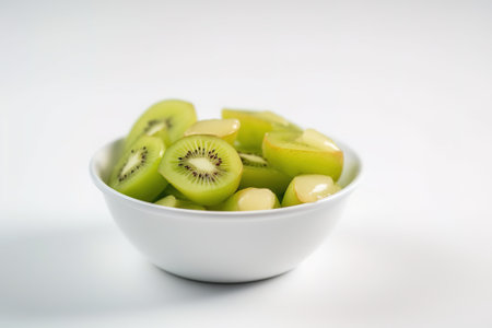 Kiwifruit in white bowl on white background. close up.の素材