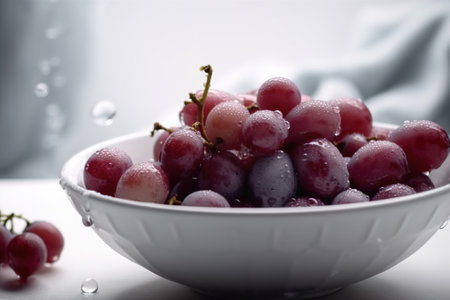 Red grapes in a white bowl with water drops on a white backgroundの素材