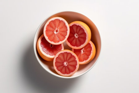 Slices of grapefruit in a bowl on a white backgroundの素材