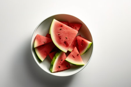 Slices of fresh watermelon in a bowl on white backgroundの素材