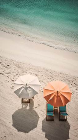 Top view of two sunbeds and umbrella on the beach.の素材