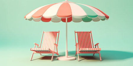 Beach chairs and umbrella on a green background. 3d renderの素材