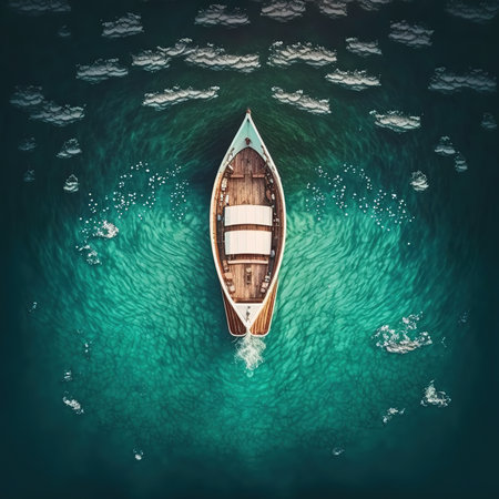 Top view of a wooden boat in the ocean. 3d renderの素材
