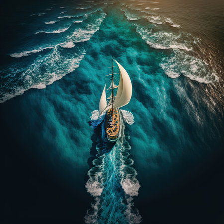 Sailing boat in the ocean. 3d render illustration. Vintage style.の素材