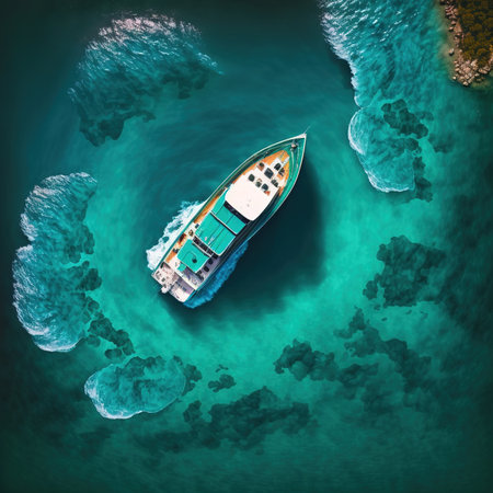 Top view of a boat in the sea. 3d render.の素材