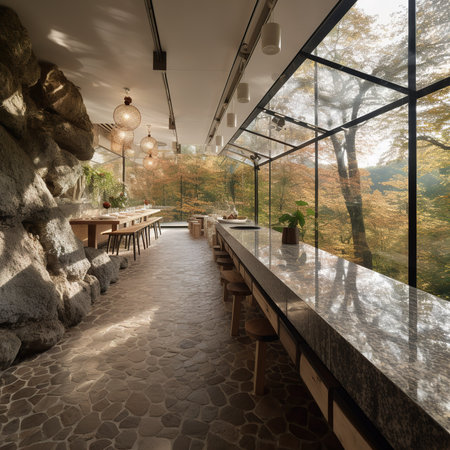 Interior of a modern restaurant with stone terrace and wooden tablesの素材