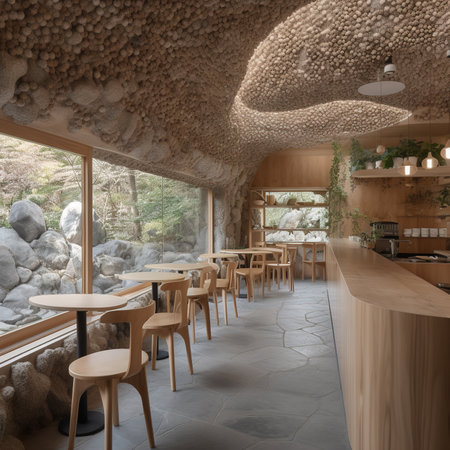 Interior design of a modern cafe with wooden tables and chairs.の素材