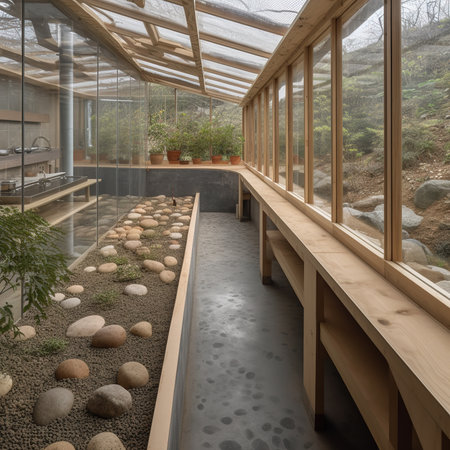 Modern wooden terrace in a garden, 3d render. Computer digital drawing.の素材
