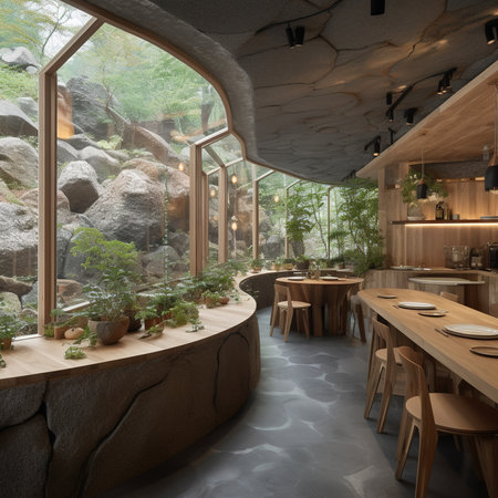 Interior of a modern cafe with stone walls, wooden tables and chairs. 3d renderの素材