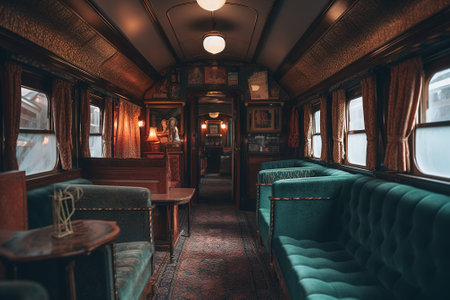Interior of a vintage train carriage, view from the inside.の素材