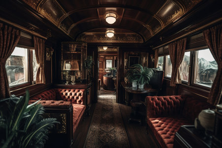 Interior view of an old train carriage. Toned image.の素材