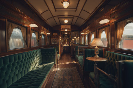 Interior of a vintage train car. Vintage train car interior.の素材