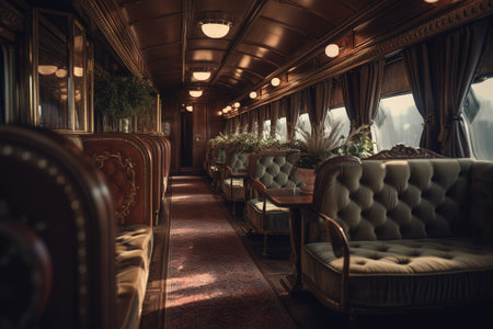 Interior of an old train carriage. Vintage style toned pictureの素材