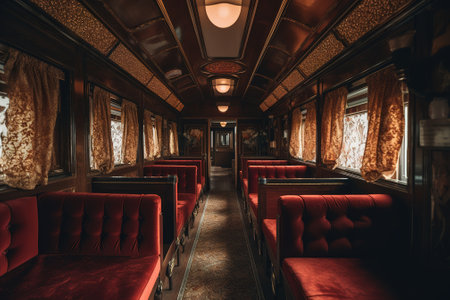 Interior of a vintage train car. Retro train interior with red seatsの素材