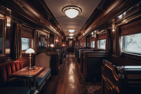 Interior of a train carriage with empty seats and vintage lamps.の素材