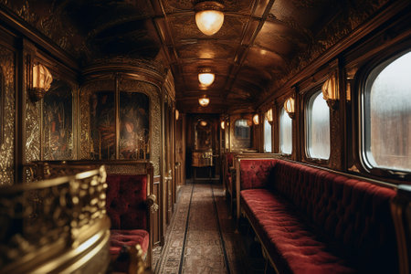 Interior of a vintage train carriage. Photo in old color image style.の素材