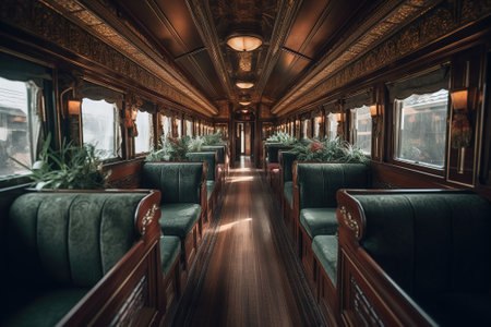 Interior of a vintage train with wooden seats and parquet.の素材