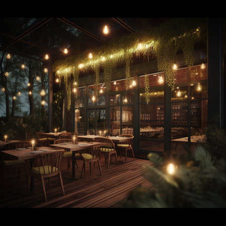 3d render of a cafe interior with christmas lights and decorationsの素材