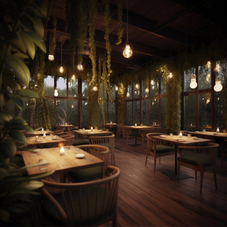 Interior of a restaurant with wooden tables and chairs rated with plants.の素材