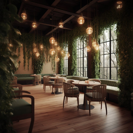 Interior of a cafe with a wooden floor and green plants. 3d renderの素材