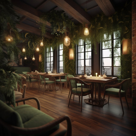 Interior of a restaurant with wooden walls and green plants. 3d renderの素材