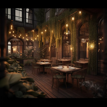 Interior of a cozy restaurant at night. 3d render.の素材