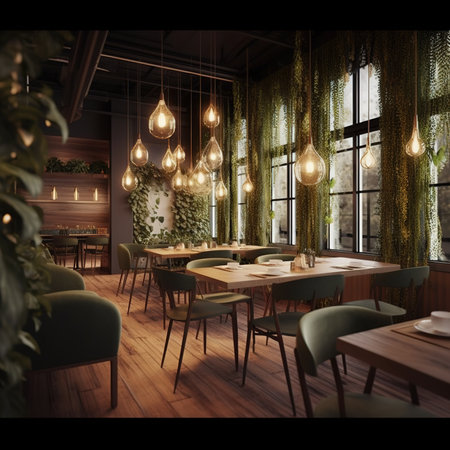 Interior of a modern cafe with green plants. 3d renderの素材