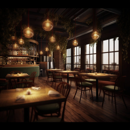 Interior of a restaurant with tables and chairs. 3d renderの素材
