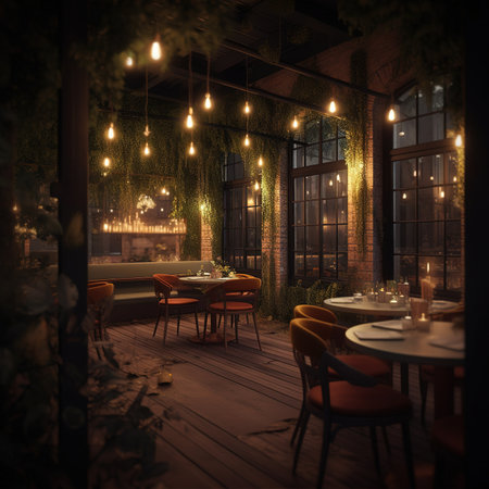 Interior of a cozy restaurant at night. 3d render.の素材