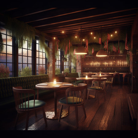 3D rendering of a cozy restaurant interior with a night view.の素材