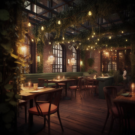 Interior of a restaurant with green plants. 3d render.の素材