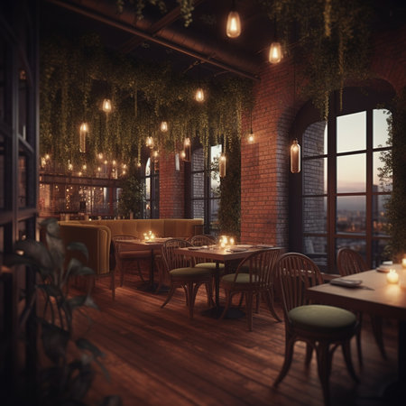 Interior of a cozy cafe. Evening lighting. 3d renderの素材