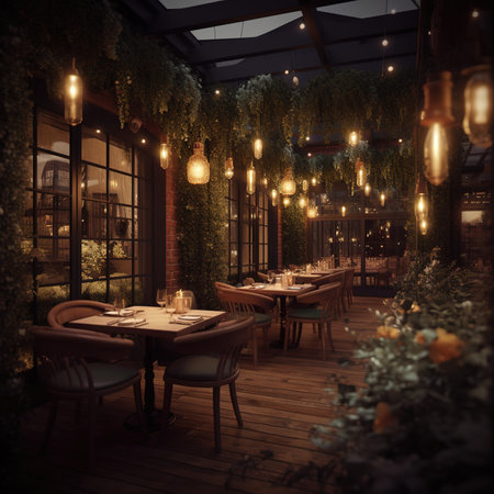 Interior of a cozy restaurant at night. 3D Renderの素材