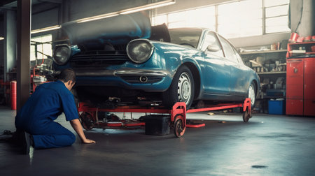 Mechanic changing a car on a lift in a car repair shopの素材