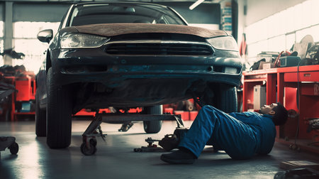 Car mechanic repairing a car in auto repair shop. Auto service industry.の素材