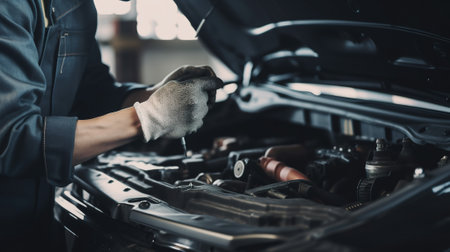 Car mechanic working in auto repair shop. Mechanic checking car engine.の素材