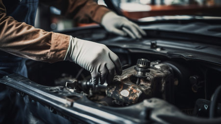 Auto mechanic working in auto repair service. Car mechanic repairing a car.の素材